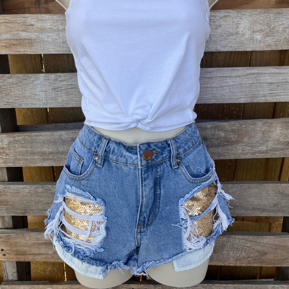Denim shorts with gold sequin pockets ✨